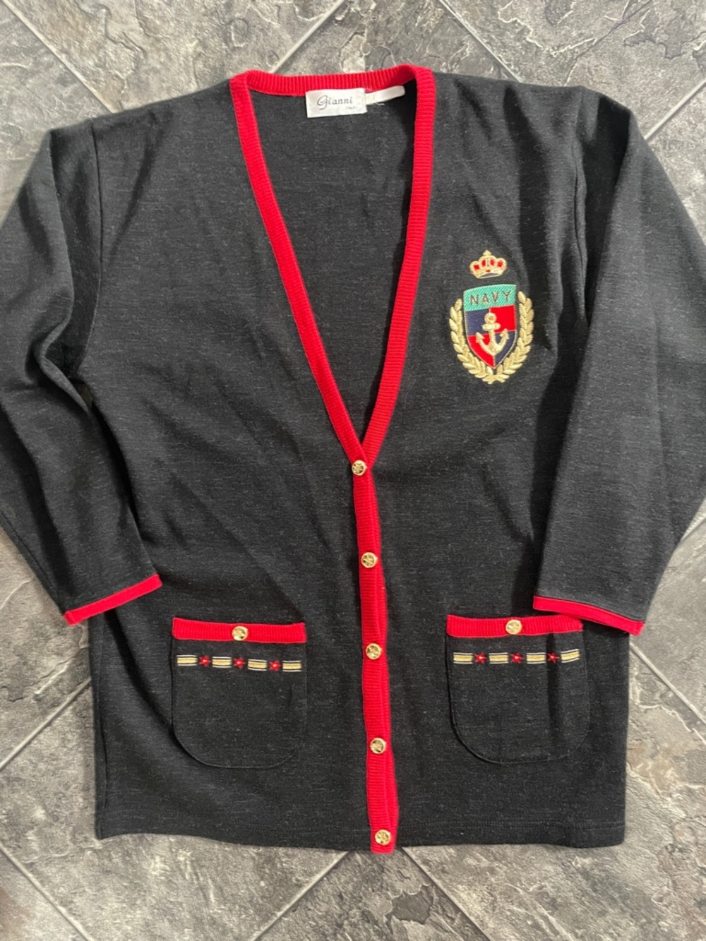 GIANNI ITALY Wool-Blend Nautical Preppy Embroidered Patch Classic Cardigan